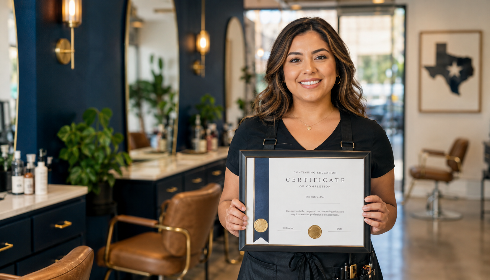 Texas electrician holding a continuing education certificate of completion in a modern salon